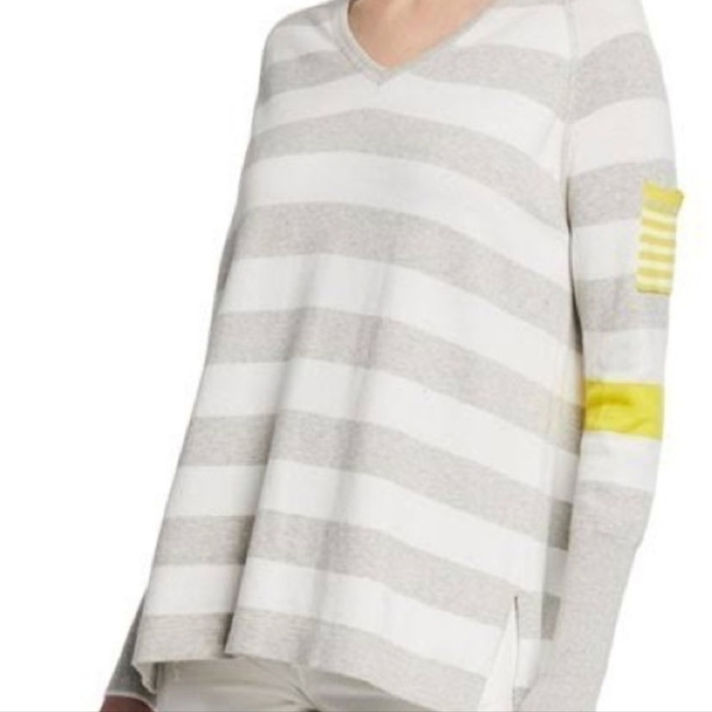 Lisa Todd Striped V-Neck Cotton Minimalist Sweater - Gray& Yellow Sz 3X